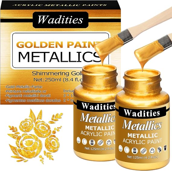 Wadities Acrylic Paint Metallic Gold, 250ml Gold Leaf Paint for Art Painting, Ideal for Canvas, Wood, Clay, Fabric, Ceramic, Stone, Glass Craft Supplies