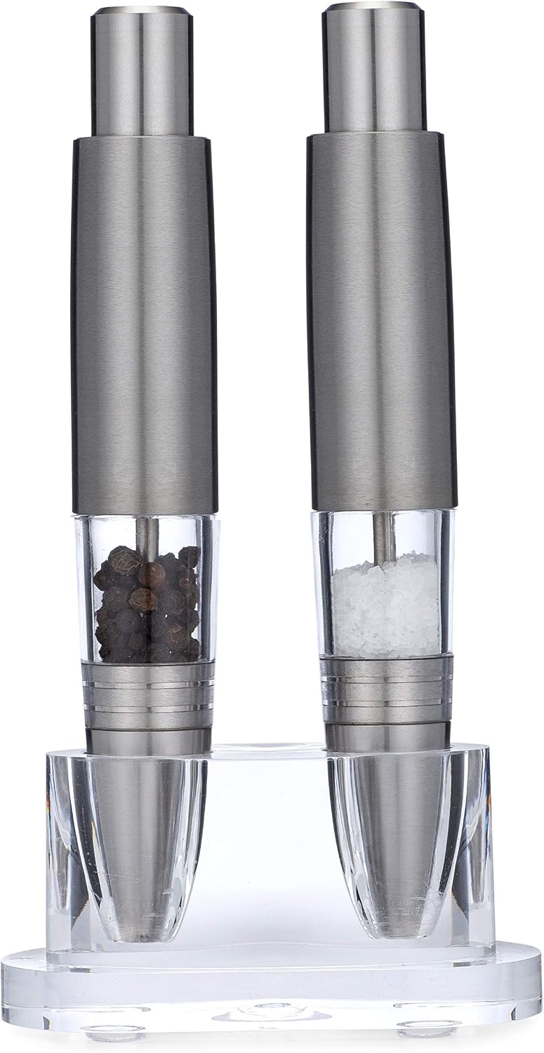 Executive Pen Salt and Pepper Grinder Set, Grind Gourmet Refillable Modern Thumb Button Grinders Use With Peppercorns, Sea and Himalayan Salts,  with Stand