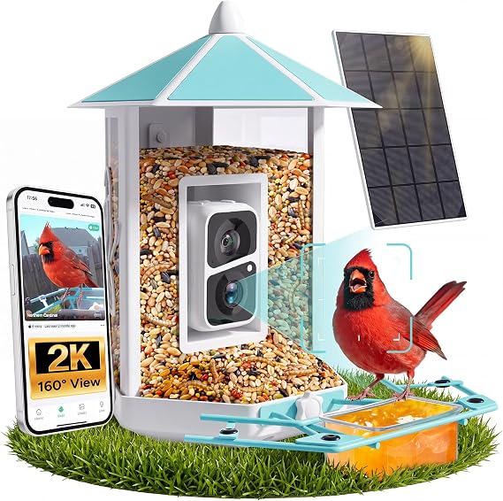 Onlyfly Bird Feeder with Camera - Heavy Duty Metal Smart Camera Bird Feeder Solar Powered, 2K Live Stream for Outdoor Backyard Weatherproof, AI Identify Auto Capture Videos, Gifts for Mom Dad