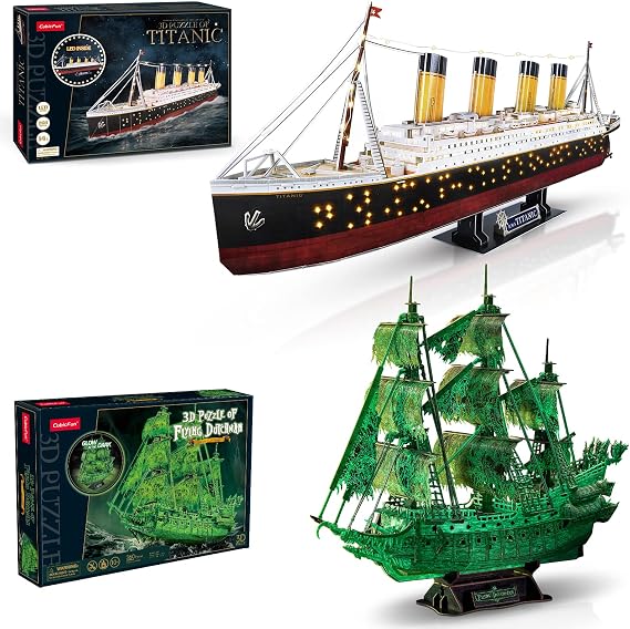 2 Large Ship Model Kits - 3D Puzzles for Adults LED 36'' Titanic and Glow in The Dark Flying Dutchman - Arts & Crafts - Desk Decor Brain Teaser