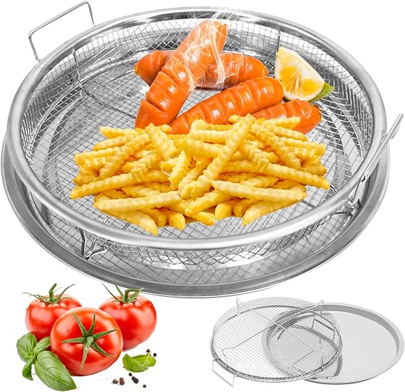 Air Fryer Basket for Oven,2 Pieces Set Round Silver 12.9'' Non-stick Steel Mesh Air Fryer Baking Tray Accessories Rack Roasting Grill Basket for Convection Oven Air Fryer, Dishwasher Safe
