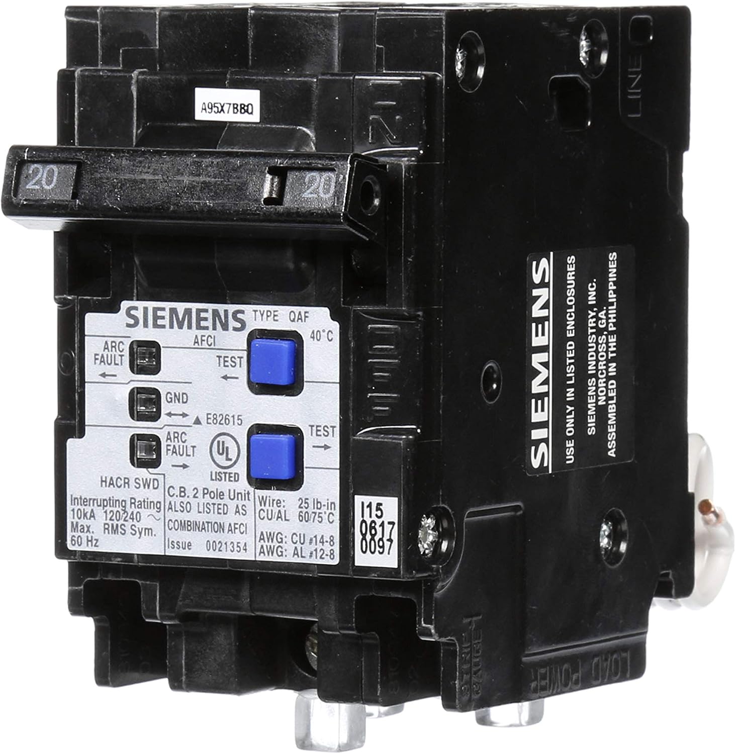 Siemens 2-Pole 120-Volt Combination Type Arc Fault Circuit Interrupter, 20 AMP