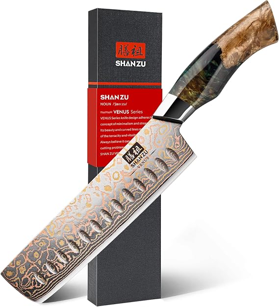 SHAN ZU Damascus Nakiri Knife 7 Inch, Japanese Kitchen Knives