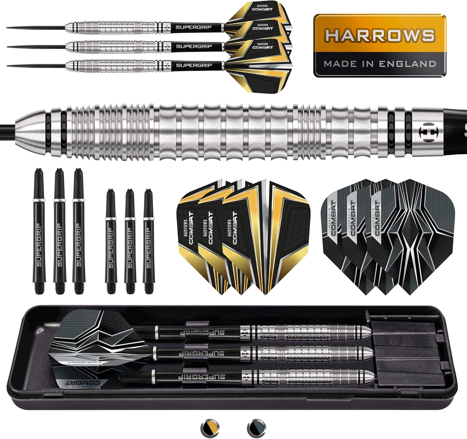Harrows Combat 90% Tungsten Steel Tip Darts Set I 21g to 30g All Weights Available I Huge 17pcs Bundle with Spare Shafts, Prime Flights & Travel Case (21 grams)