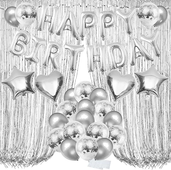 ZERODECO Silver Birthday Party Decorations - Foil Happy Birthday Balloons, Tablecloth, Curtains, Cake Flag, Star and Heart Shapes, Confetti, Latex Balloons for Party Decor