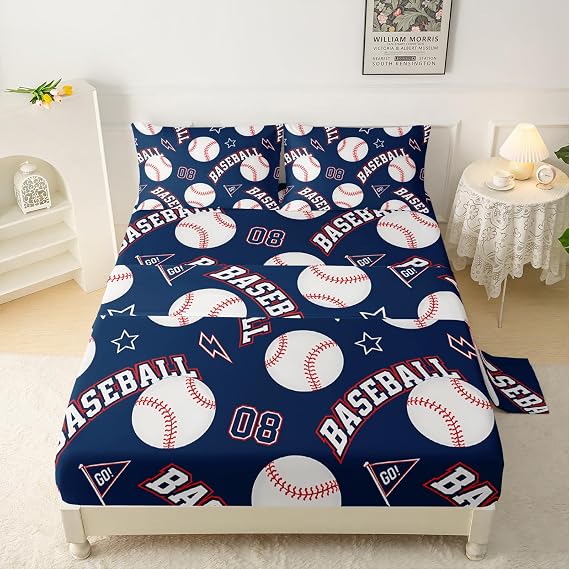 QOOMO Baseball Sheet Set,Sports Kids Bed Sheets,Twin Size