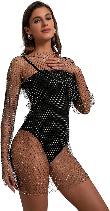 Women Sexy Sheer Mesh Rhinestone Crop Top - Mesh Body Chains See Through Cover up Sparkly Glitter Shirt Party Club Wear