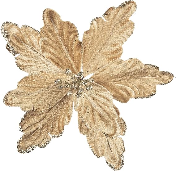 DuHouse 7Pcs Poinsettia Flowers Picks Artificial Glitter Poinsettia Flowers with Stems Christmas Tree Ornaments with Stems for Home Kitchen Decorations (Champagne Gold)