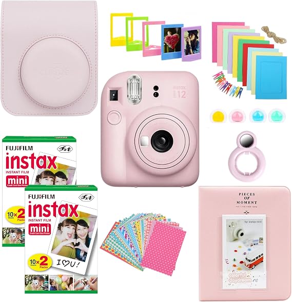 Instant Camera Bundle with Fujifilm Mini 12 Blossom Pink Camera, Fujifilm 40 Shot Mini Film, Clikoze Mini 12 Case, Mini Album Book, Film Stickers, Colour Filters and Accessories