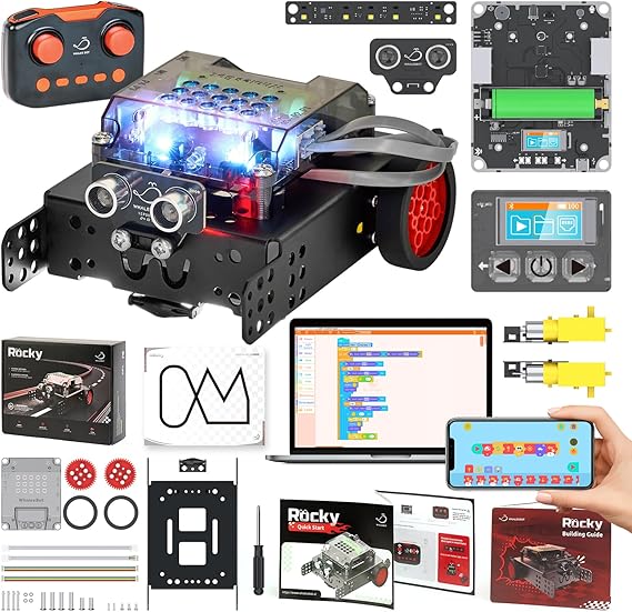 WhalesBot Rocky Coding Robot Car Kit for Kids 8-12 12-16, STEM Educational Engineering Toy, Scratch Python C Programming & Remote Control, Science Gift for 8 9 10 11 12+ Year Old Boys Girls