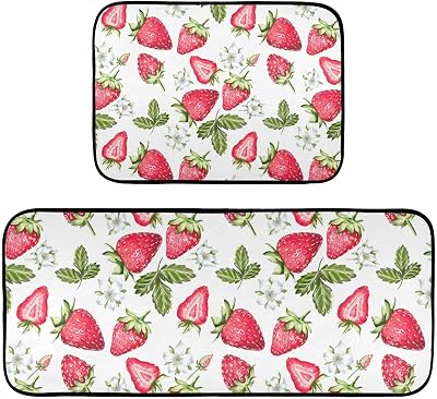 Kigai [2 PCS Strawberry Floral Anti Fatigue Mats for Kitchen Floor Non-Slip Waterpoof Kitchen Rugs Soft and Cushioned Kitchen Mats for Standing, Floor, Office, Laundry, Sink