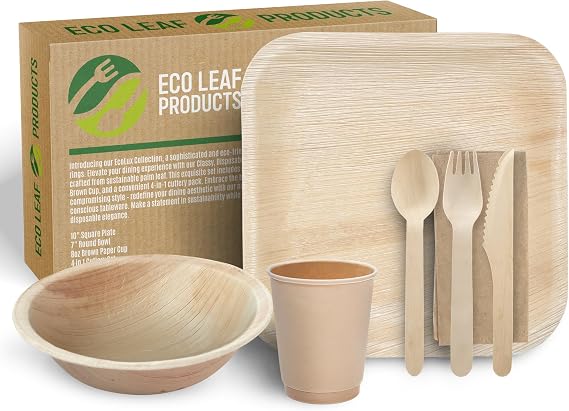 ECO Leaf 175 Pcs Disposable Palm Leaf Dinner Set | 25 X 10 Square Plates, 7" Round Bowls, 8oz Bamboo Paper Cups, Wooden Cutlery Set | Eco-Friendly, Biodegradable Heavy-Duty for Wedding, Party, Picnic