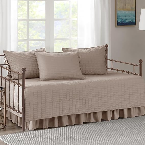 Comfort Spaces Daybed Cover - Luxe Double Sided-Quilting, All Season Cozy Bedding with Bedskirt, Matching Shams, Kienna Taupe 75x39 5 Piece