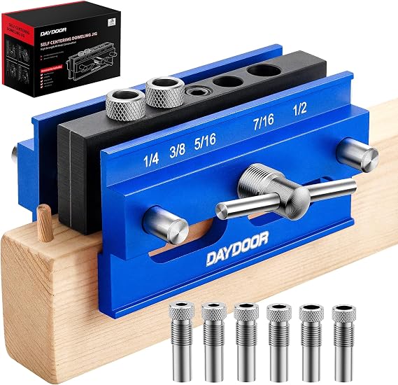 DAYDOOR Self Centering Doweling Jig, Adjustable Width Dowel Jig for Straight Holes, Biscuit Joiner Set with 6 Bushings and 3 Drill Bits(Blue)