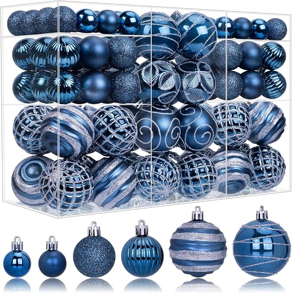 100ct Christmas Ball Ornaments Set, Navy Blue and Silver Xmas Tree Decoration, Shatterproof Decorative Hanging Balls for Christmas Party Holiday Wreath Garland Home Decor