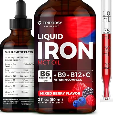 Liquid Iron Supplement for Women and Men - Iron Drops with B6, B9, B12, Vitamin C for Anemia, Blood Builder, Folate for Red Blood Cell and Immune Support MCT Oil 2 Fl Oz, Mixed Berry