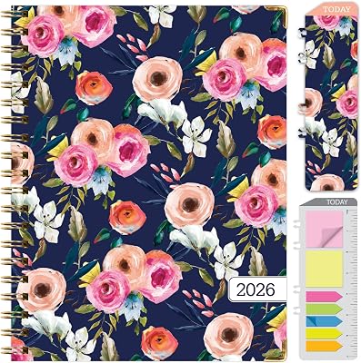HARDCOVER 2026 Planner, 8.5x11: 14 Months November 2025 - December 2026, Daily Weekly Monthly Planner, Yearly Agenda, Bookmark, Pocket Folder and Sticky Note Set Small Navy Floral