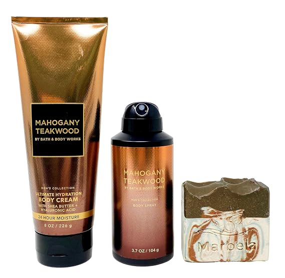 Bath & Body Works Men's Collection Mahogany Teakwood - Duo Gift Set - Body Cream and Body Spray With a Cabin Spice Soap.