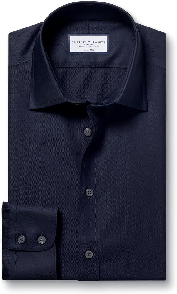 Charles Tyrwhitt Shirts for Men Navy Twill Non-Iron Formal Dress Shirt Long Sleeve Cotton Shirt Wrinkle Free Office, Wedding & Business Attire - Extra Slim Fit with Cutaway Collar
