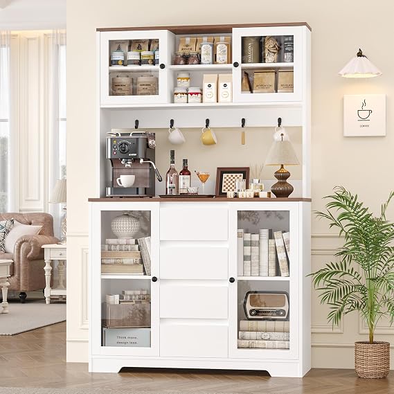 71" Tall Coffee Bar Cabinet with Storage and Large Countertop, Kitchen Hutch with 4 Drawers & 5 Metal Hooks & 4 Doors & Microwave Stand, White Kitchen Pantry Cabinet for Dining Room