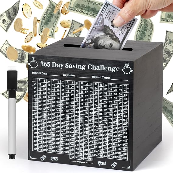 365 Day Money Saving Box, Unbreakable $5,050 Wooden Savings Challenge Box Saver, Must Break to Access Coin Money Challenge Cash Vault Saving Box Tracker Number Piggy Bank Holder, Black