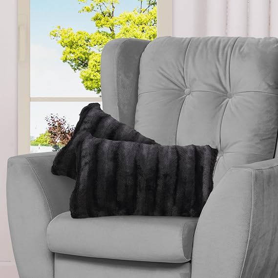 Cheer Collection Faux Fur Throw Pillows - Decorative Pillows for Couch, Bed Throw Pillows, Black Accent Pillows for Bedroom or Living Room Aesthetic, Set of 2 Furry Throw Pillows, 12" x 20"
