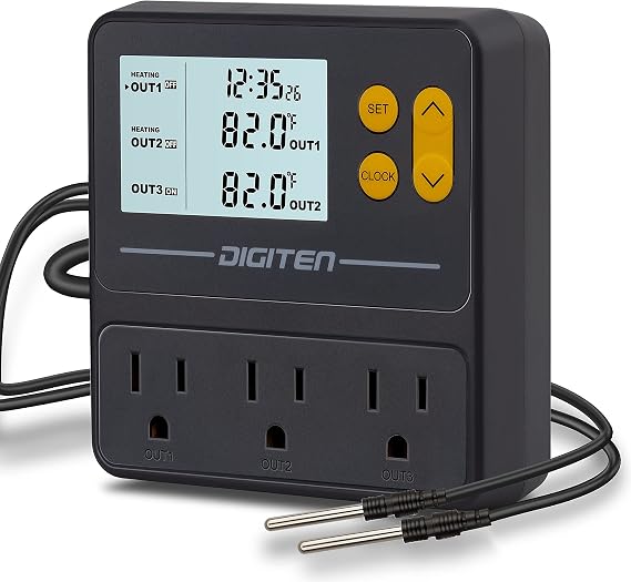DIGITEN Day-Night Reptile Temperature Controller with Timer | 3-Stage Thermostat Outlet, Cooling & Heating Mode for Terrarium, Ball Python, Bearded Dragon, Heat Mat,Mushroom, Fermentation