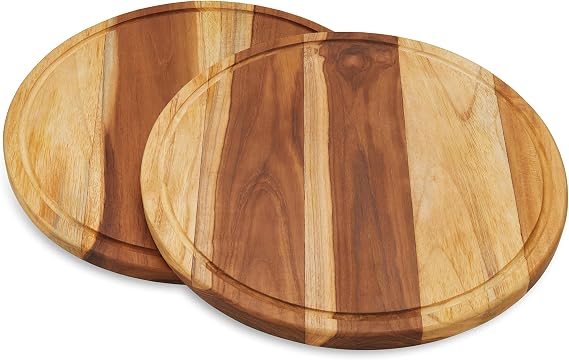 TeakCraft Teak Round Cutting Board With Juice Groove, Serving Tray, Set of 2 (13.5 x 13.5 x 0.75), FSC Certified Carving Board, The Bestla