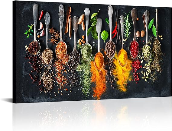 OuElegent Kitchen Canvas Wall Art Colorful Spices Herbs Seasoning Spoon Canvas Painting Colourful Artwork for Home Farmhouse Restaurant Wall Decoration Framed Ready to Hang 20"x36"