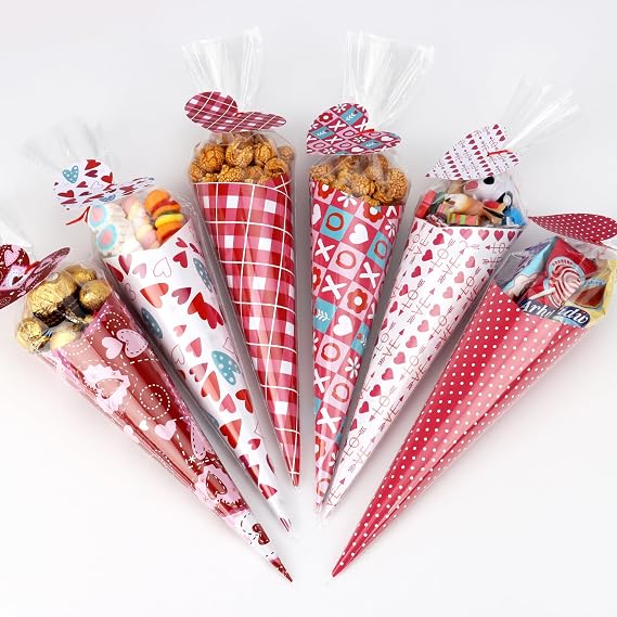 Giiffu Valentines Day DIY Craft Gift Kit for Kids 60 Pack Cone-Shaped Clear Treat Bags with Wrapping Papers, Heart Tags & Cards for Classroom Exchange, School Parties & Valentine Goodie Bags
