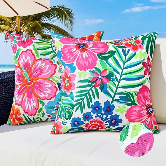 Tropical Pink Floral Outdoor Pillow Covers 18x18 Inch Set of 2