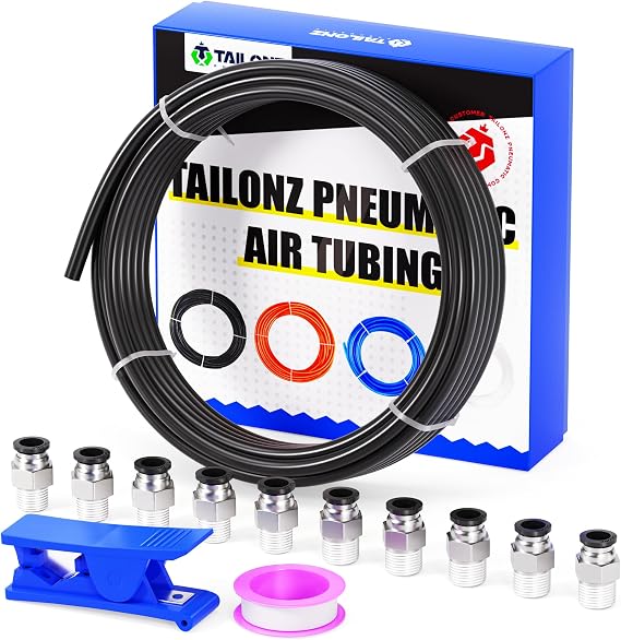 TAILONZ PNEUMATIC Black 8mm or 5/16 inch OD 5mm ID Polyurethane PU Air Hose Pipe Tube Kit 10 Meter 32.8ft