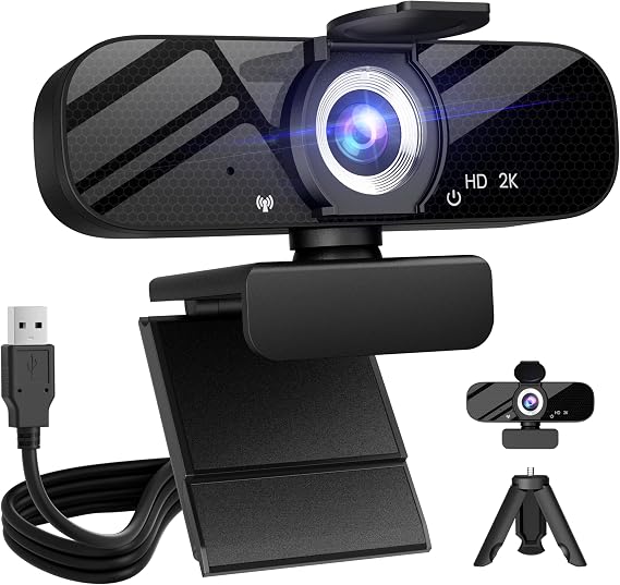 Tewiky Full HD Webcam with Built-in Microphone and Rotatable Tripod, 2K Video and Wide Angle Camera, Privacy Cover, for Desktop PC or Laptop Computer