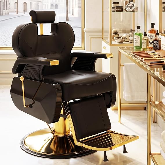 Black Gold Barber Chairs for Barbershop Professional Reclining Salon Chair