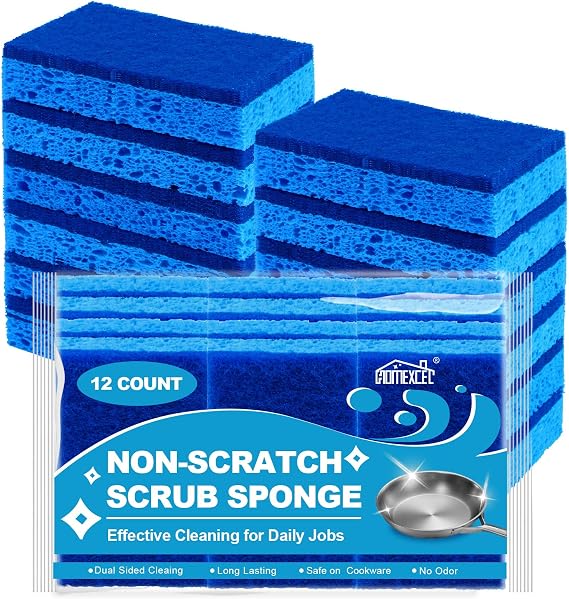 HOMEXCEL Sponges Pack of 12 Non-Scratch Scrub Sponges for Non-Stick Cookware Dual-Sided Cleaning for Kitchen Household Bathroom & More