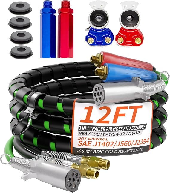 12FT 3 in 1 Trailer Air Line Hose Kit with Gladhands, Handles, Seals
