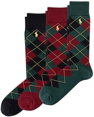 POLO RALPH LAUREN Mens Argyle Pattern Dress Crew Socks - 3 Pair Pack - Soft Lightweight Cotton Comfort