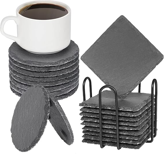Slate Coasters for Drinks with Holder- Set of 20- Durable & Natural Stone Tiles for Drinks, Perfect for Crafts, Laser Engraving, Non-Slip Surface (20)