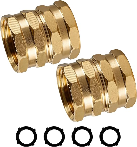 Hourleey Brass Garden Hose Adapter, 2 Pack 3/4 Inch Heavy Duty Solid Brass Female to Female Hose Connector, Garden Hose Repair Fittings with 4 Extra Washers, Leak-Proof Double Female Coupler