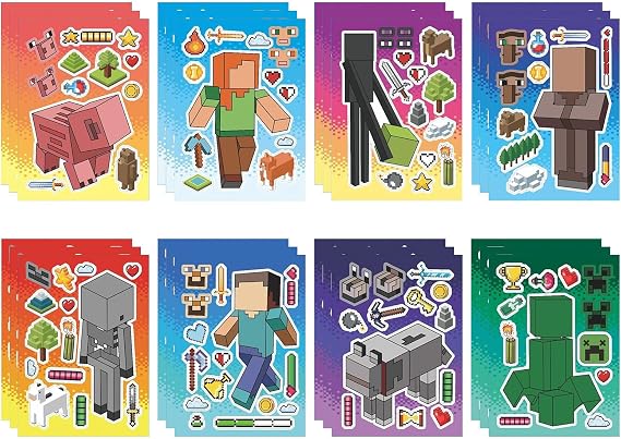 24 Sheets Game Face Stickers, Cartoon Make a Face Stickers, Miner Gaming Theme Sticker, Make Your Own DIY Stickers, for Kids, for Party Favors, Birthday Gifts, Art Projects, and Fun Activities