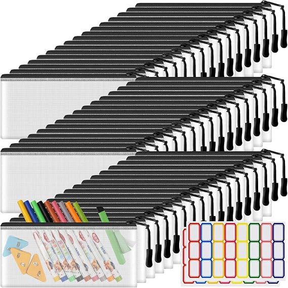 YOPCDJ 48 Pack Black Mesh Zipper Pouch Bags, Small Clear Pencil Pouches, 9.2 x 4.7 in, for Travel Storage, Office, Arts & Crafts