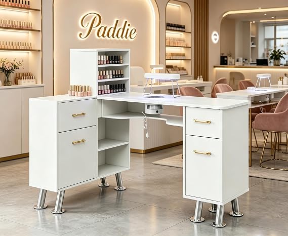 L-Shaped Manicure Table Nail Station with Shelves, Nail Tech Table Nail Table Station w/Dust Collector, Storage Cabinets, Drawers, Metal Handles & Legs(White)