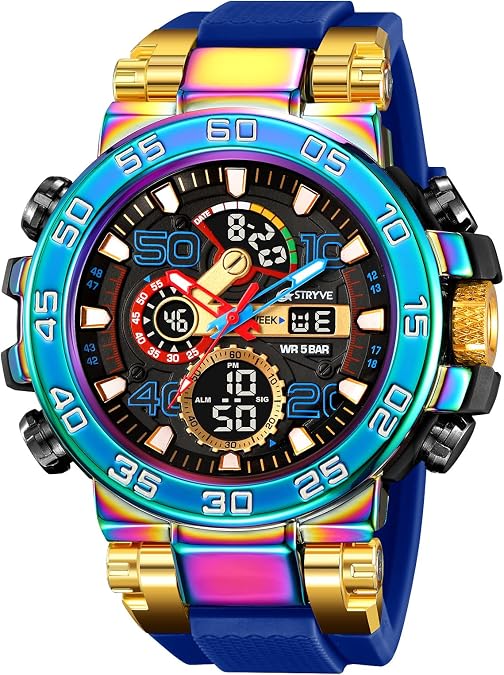 MASTOP Men's Watch Rainbow Color Watches Analog Digital 5ATM Waterproof High Contrast Black Brilliant White Watch Raise Hand Backlight Outdoor Military Watch