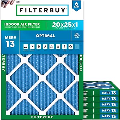Filterbuy 20x25x1 Air Filter MERV 13 Optimal Smoke & Allergy Defense 6-Pack, Electrostatic Pleated HVAC AC Furnace Filters Replacement, Made in USA Actual Size: 19.50 x 24.50 x 0.75