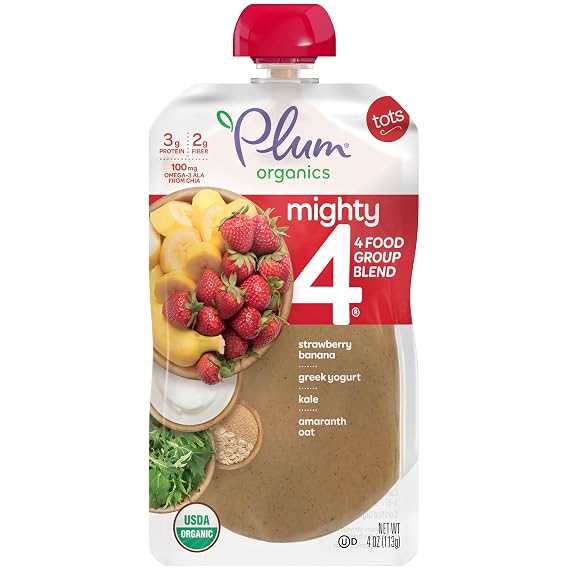 Plum Organics Mighty 4 Blends Strawberry Banana, Greek Yogurt, Kale, Oat & Amaranth, 4oz Pack of 6