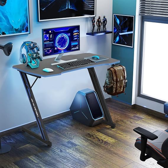 39.4'' Gaming Desk Computer Desk Gaming Table Z Shaped Study Workstation Pc Gamer Desk Small Computer Desk Adjustable Height with Headphone Hook, Blue