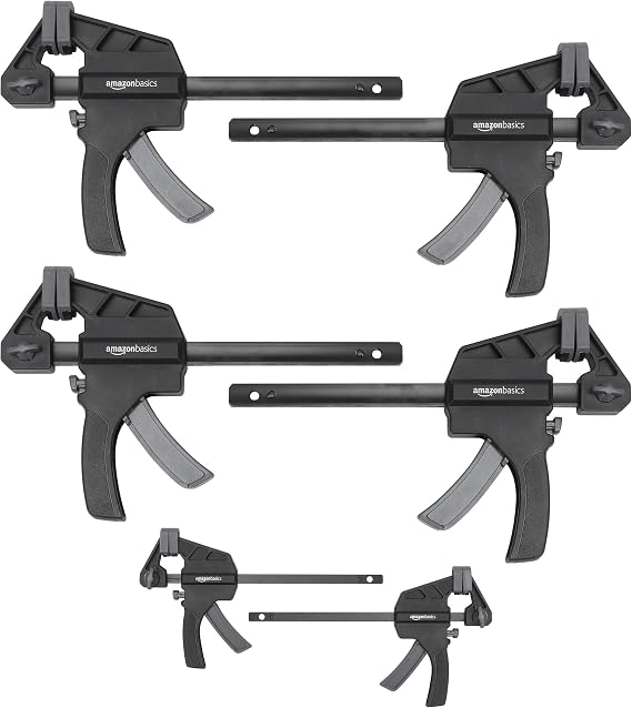 Amazon Basics 6-Piece Easy-to-Use One-Handed Trigger Clamp Set, 2 Pack of 4-inch, 4 Pack of 6-inch, Black/Grey