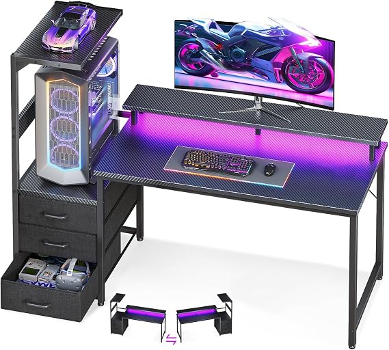 AODK Gaming Desk w/PC Showcase Stand, 52" Reversible, RGB LED