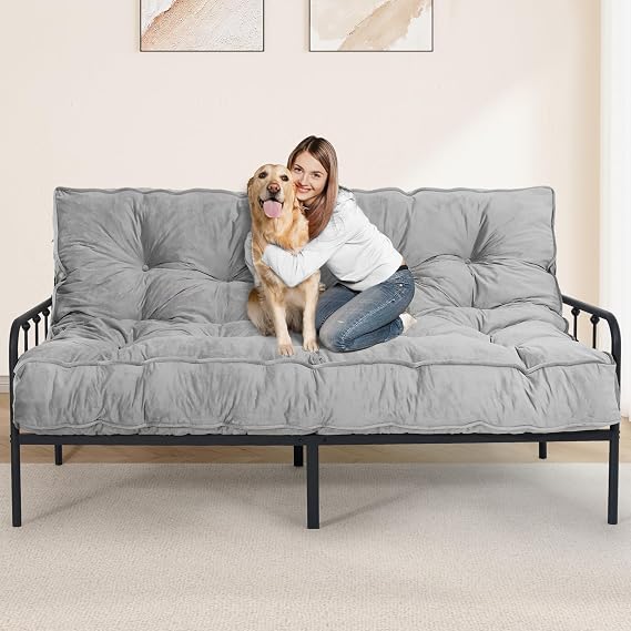 8" Futon Mattress Queen Size 60" x 80", Thicken Floor Futon Mattress for Sleeping, Foldable Velvet Futon Sofa Bed for Adult, Tatami Sleeping Mat for Camping, Dorm, Light Gray(Frame Not Included)