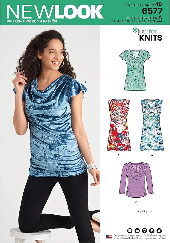 NEW LOOK Sewing Pattern H0172 / 6577 - Misses' Knit Tops, A(6-8-10-12-14-16-18)